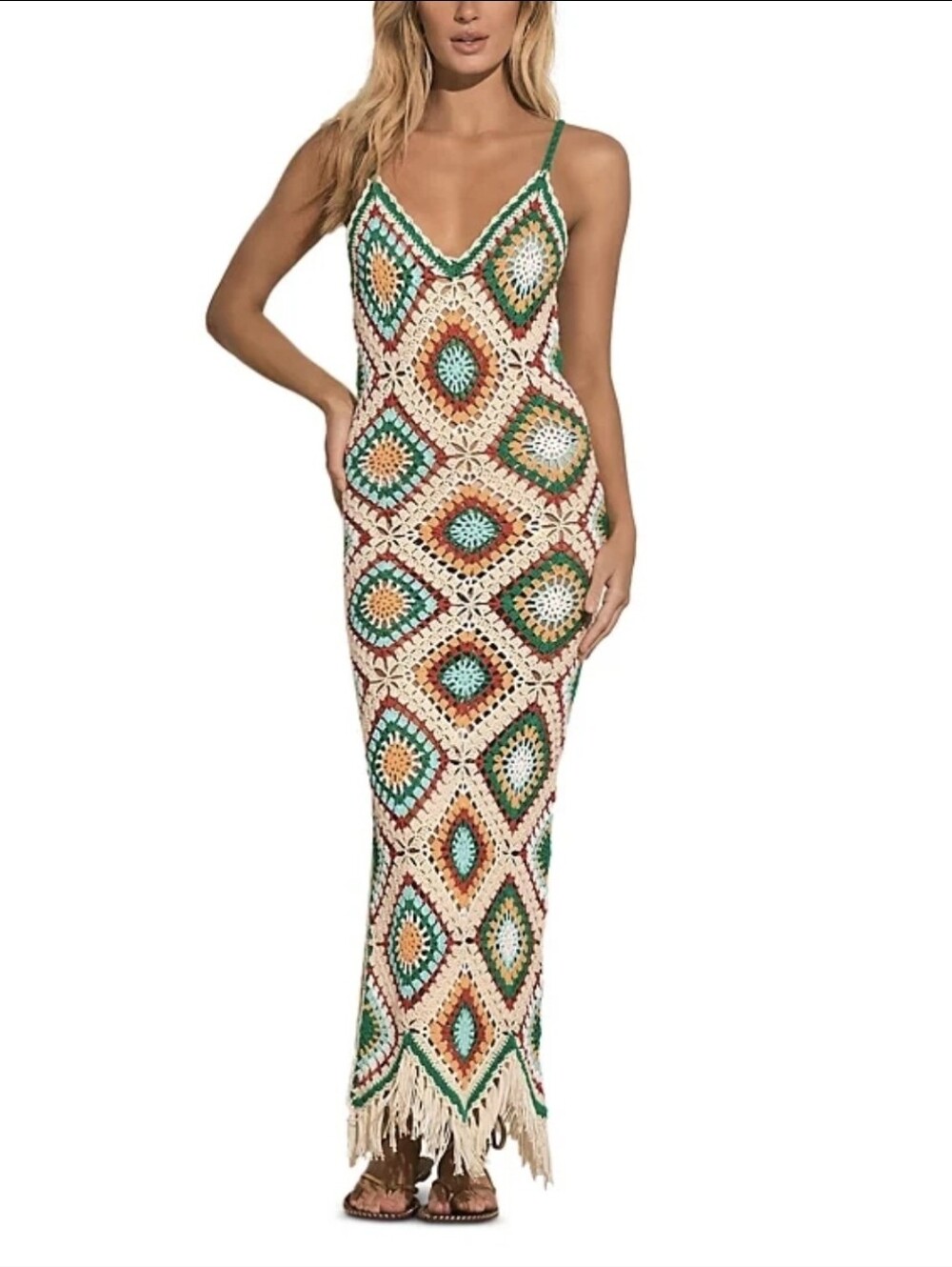 Elan Crochet Diamond Square Fringe Dress Colorful Size Small NWT